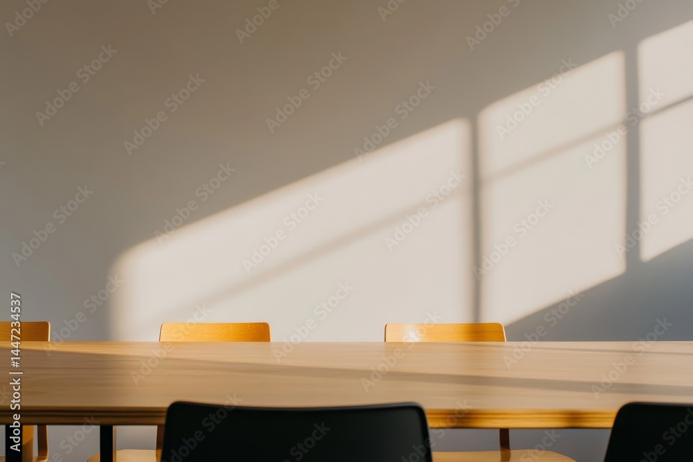 Poster A clean white table is captured from above, featuring subtle shadows on a plain white wall, offering ample copy space on the left side for design applications