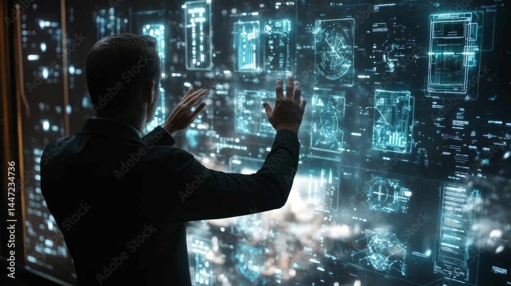 Poster dynamic scene of a ceo interacting with virtual data panels, displaying complex analytics across a t
