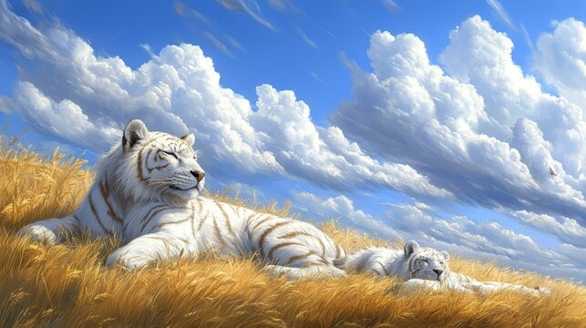 Majestic white tigress resting serenely with her cub against a backdrop of fluffy clouds and blue sky creating a tranquil composition