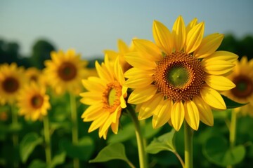 Fototapeta premium Sunflowers blooming close-up, vibrant yellow petals, farm setting, sunflowers, bright, bloom