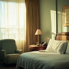 Interior of a hotel bedroom in the morning
