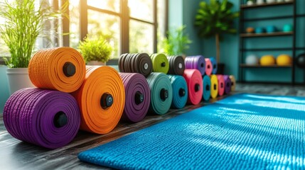 Vibrant assortment of rolled workout mats stacked in a fitness studio, providing comfort and support for exercise activities on a transparent background, PNG image, PNG file.