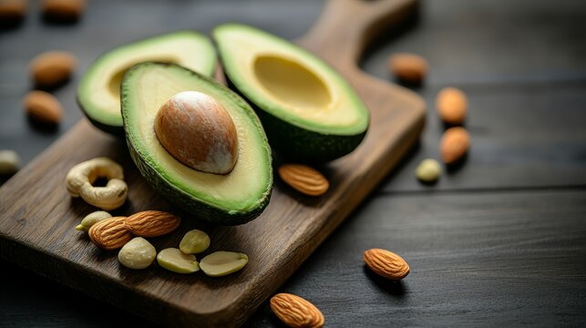 Single halved avocado sits on a rustic cutting board, elegantly arranged with various nuts and seeds, creating a clean, inviting composition