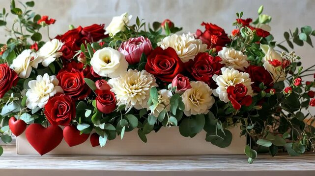 Vibrant floral arrangement with roses and eucalyptus on a rustic table