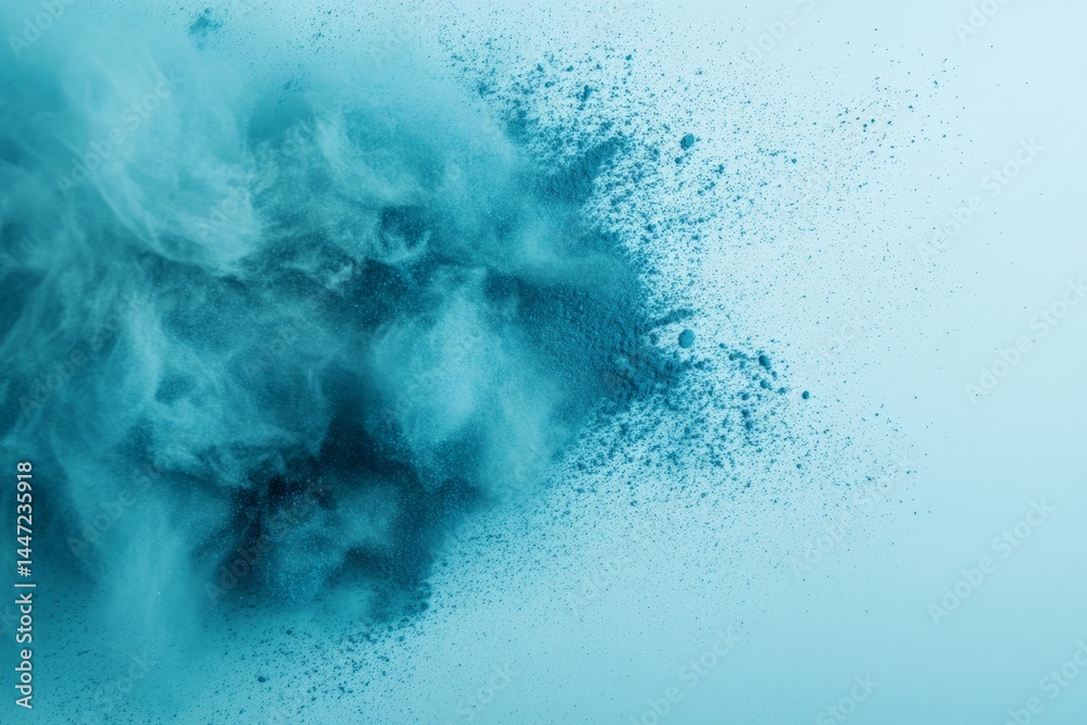 Aufkleber A dynamic splash of blue powder is scattered on a gray canvas, showcasing fine particle details and evoking a sense of artistry with empty space for design use