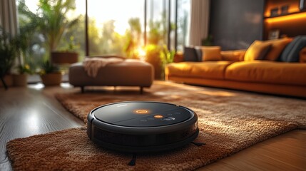 Automated black vacuum cleaner appliance working on shag rug inside a domestic home environment. on a transparent background, PNG image, PNG file.