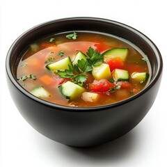 Vegetable soup in bowl close up on a white background