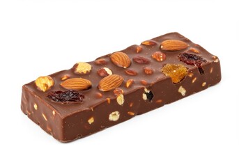 Chocolate bar with nuts and fruit on white background