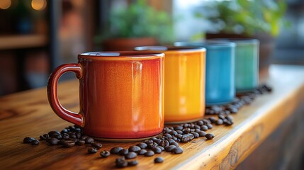 Colorful ceramic mugs aligned with coffee beans, showcasing orange, yellow, blue, and green vibrant tones. on a transparent background, PNG image, PNG file.