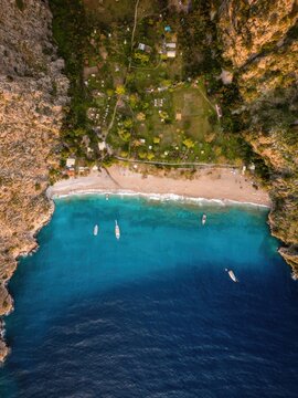 Aerial drone view of Butterfly Valley beach with turquoise water