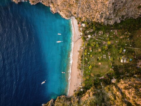 Aerial drone view of Butterfly Valley beach with turquoise water