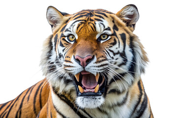 Close up view of a tiger with its mouth open showing teeth isolated on transparent background.