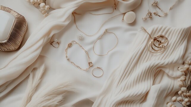 Luxury gold jewelry arranged on a cream fabric background. A beautiful and elegant flat lay showcasing delicate accessories.