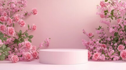 A pink podium surrounded by pink roses and white daisies, with a blurred floral background.