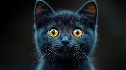 Fototapeta premium This charming black kitten with striking yellow eyes is lounging comfortably against a warm yellow backdrop, her swirling coat patterns attracting attention.