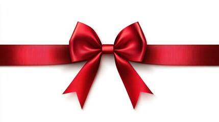 A red satin ribbon tied in a bow on a white background.