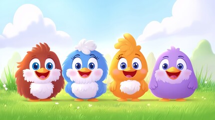 Obraz premium Adorable cartoon birds lined up in a bright colorful spring scene perfect for children's books and educational material for early learners design
