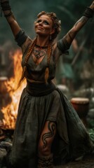 Fierce Viking Warrior Woman with Intricate Face and Body Tattoos in Diverse Natural Settings, from Stormy Seas to Misty Forests, Showcasing Strength, Beauty, and Battle Readiness
