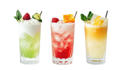 Gin Fizz, Ramos Gin Fizz, Gin Rickey, and Gin & Tonic Cocktails with Citrus Garnish – PNG Set

