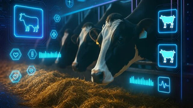 Futuristic Smart Dairy Farm with Cows and Holographic Health Monitoring Icons for Livestock Management and Agricultural Technology

