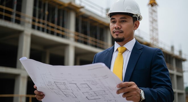 Asian Male Architect Examining Blueprints at Construction Site, Wearing Hard Hat and Suit, Focused on Building Plans with Diligence and Attention to Detail