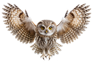 Obraz premium Spotted owl with wings spread wide on a pristine canvas view isolated on transparent background.