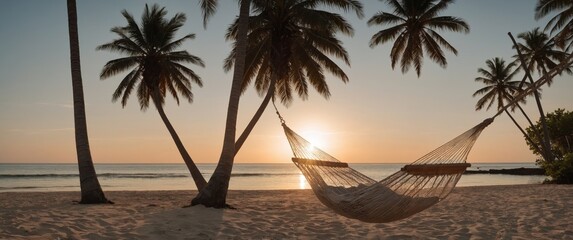 Hammock between palm trees on a tropical beach at sunset, sea view