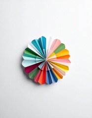 A vibrant, multi-colored paper flower with intricate petals and a textured center, beautifully displayed against a clean, white background.