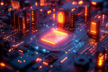 Naklejka premium Futuristic city on circuit board; data processing