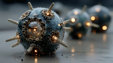 Abstract 3D Sphere with Spikes and Glowing Elements in Dark Background