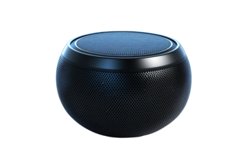 Dark, rounded audio device with a perforated surface, likely a portable speaker.