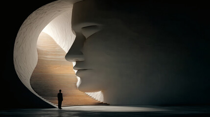 Abstract Art Representation of a Giant Face and Staircase Design