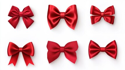 A red satin ribbon tied in a bow on a white background.