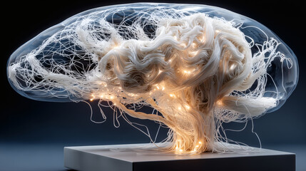 Abstract Brain Sculpture with Organic Forms and Glowing Lights