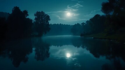 Full moon reflection on lake at night