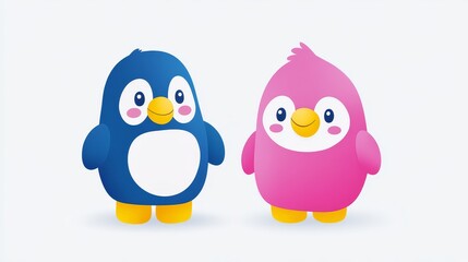 Obraz premium Adorable penguin pair illustration in pixel art style for kids, with bright blue and pink color schemes standing on a plain white background illustration