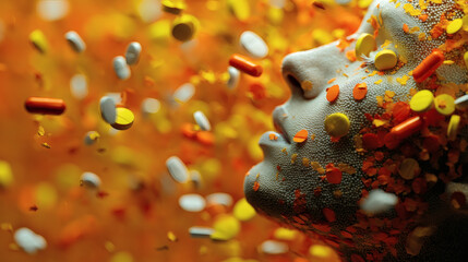 Abstract Concept of Health with Colorful Pills and Human Profile