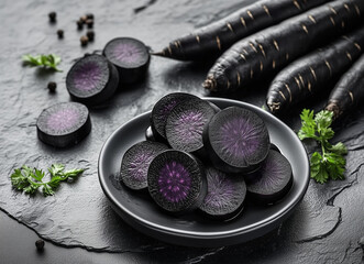 Sliced black carrots with vibrant purple centers arranged on a dark plate, surrounded by whole carrots, herbs, and peppercorns on a textured black stone surface.