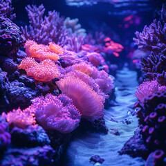 Obraz premium A luminous coral reef at dusk, with soft purple and pink hues glowing from the coral and marine life