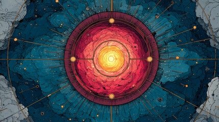 Abstract Cosmic Illustration with Vibrant Colors and Circular Design