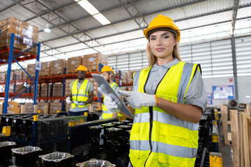 Portrait women worker holding tablet standing car parts in warehouse. Import-export shipping transportation, logistic business factory concept.
