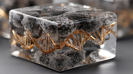 Abstract DNA Structure in Clear Resin Block with Dark Crystals