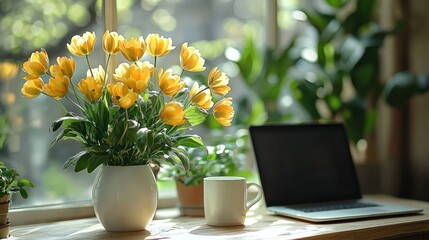 Yellow tulips, laptop, & coffee