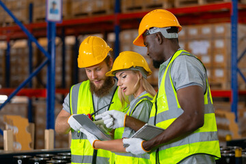 Person professional worker wearing safety uniform using tablet inspect goods on shelves in...