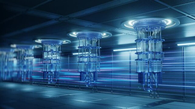 High-tech laboratory with multiple quantum computers and glowing motion lines, representing fast data processing and futuristic computing power.