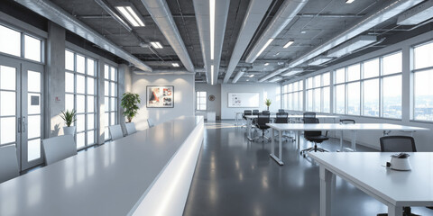 High-tech office with clean white desks, ergonomic chairs, and overhead track lighting. Task lighting ensures optimal focus on the workstations