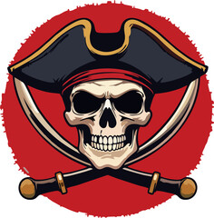 Vintage Pirate Skull Vector with Crossed Swords and Tricorn Hat on Red Circle Background