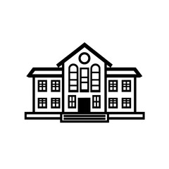Front view of a school building icon with central entrance, multiple windows, and triangular roof in bold outline style