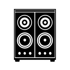 Large stereo speaker icon in bold black with four circular speaker cones for powerful audio, bass systems, or DJ equipment design