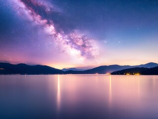 Serene Night Landscape Milky Way Galaxy over Calm Lake and Mountains